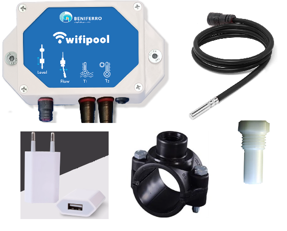Module Wifipool TLF avec sonde de température + Collier de prise en charge 50 mm + support de sonde de température + prise de transformateur USB 1 connexion kit de bricolage